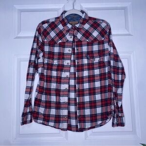 Jachs Girlfriend Red Plaid BEA Snap Front Flannel Cotton Shirt Size Medium